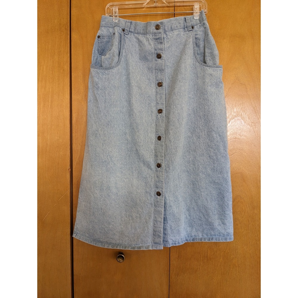 Vintage 90s Hunters Run Denim Midi Skirt Button Front Light Wash Cottagecore M